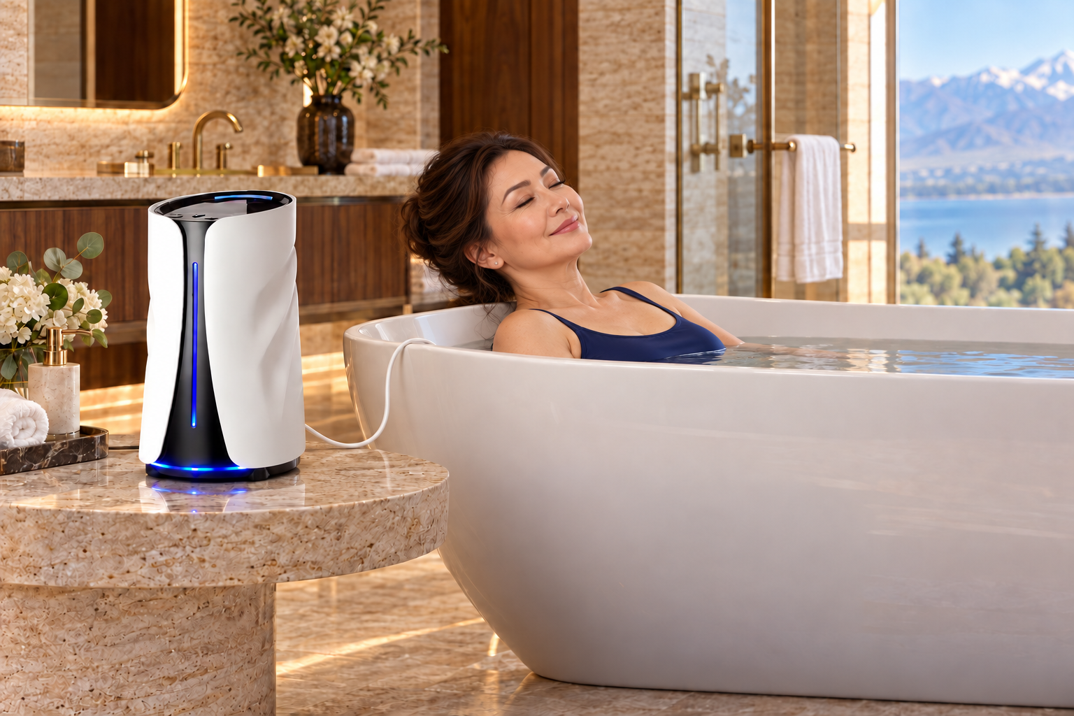 Әйел ваннада демалып жатыр, жанында Murakami Spa аппараты